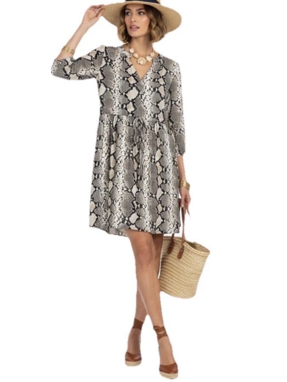 Maeve Anthropologie Women's Sz S Juno Tan Python Snake Print Dress 3/4 Sleeve